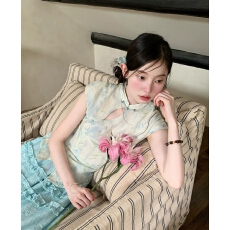 批发雅致新中式淡蓝竹叶高腰上衣夏季清冷百搭<b class='q'>套装</b>女