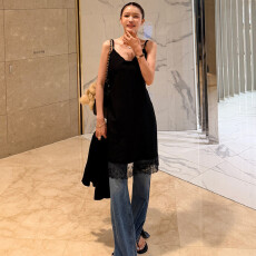 批发蕾丝边简约随性吊带<b class='q'>连衣裙</b>A裙2026新韩版小清新清凉全棉背带长裙