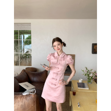 批发新中式时尚蝴蝶结设计感泡泡袖收腰短裙连衣裙女夏季新款