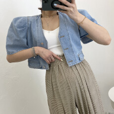 批发现  夏 短款单排扣泡泡袖牛仔外套