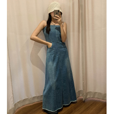 批发抹胸型<b class='q'>清新</b>收腰吊带连衣牛仔长裙