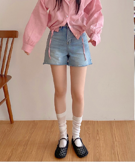 지금 스트레이트 팬츠 여름 인쇄 하트 데님 블루 반바지