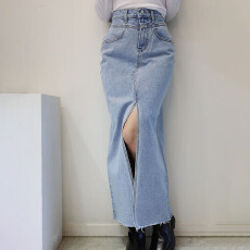 批发复古小众高腰前开叉纯色牛仔中长裙