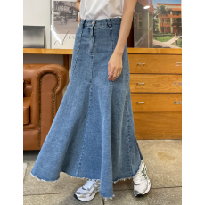 批发现 小众高腰八片拼接流苏毛边复古A字牛仔中长喇叭伞裙