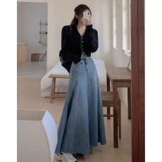 批发现 新款复古宽松休闲水洗长款牛仔半身裙
