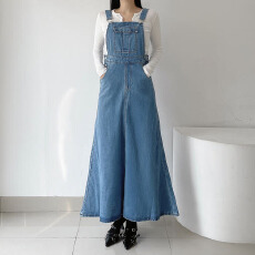 批发现 复古<b class='q'>背带</b>垂坠感A字牛仔半身裙女