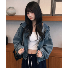 批发现 时髦复古夹克连帽风牛仔外套