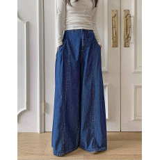 批发松紧高腰显瘦休闲压褶口袋阔腿牛仔长裤