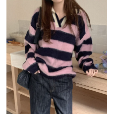 批发现 秋冬 复古慵懒<b class='q'>马海毛</b>条纹长袖针织<b class='q'>开衫</b>外套