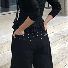 批发现  复古stud铆钉背后腰带设计阔腿宽松牛仔裤