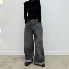 批发现 冬季黑色系列 百搭宽松牛仔裤 高腰可调节女