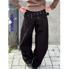 批发现  复古铆钉背后腰带设计阔腿宽松<b class='q'>牛仔</b>裤