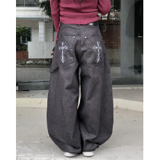 批发现 口袋<b class='q'>迷彩</b>印花 慵懒风设计感做旧水洗牛仔拖地长<b class='q'>裤</b>