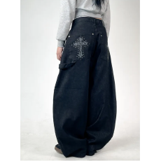 批发现 口袋<b class='q'>迷彩</b>印花 慵懒风设计感做旧水洗牛仔拖地长<b class='q'>裤</b>