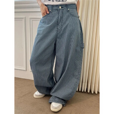 批发现 蓝竖条纹侧边袋设计百搭个性工装牛仔<b class='q'>裤</b>长<b class='q'>裤</b>