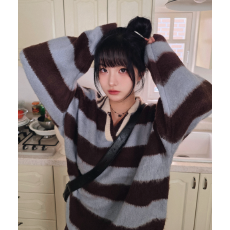 批发现 秋冬 复古慵懒马海毛条纹长袖针织<b class='q'>开衫</b>外套