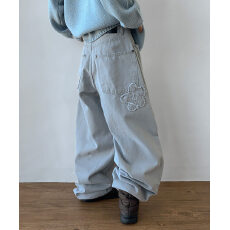 批发现 毛边花朵 复古水洗刺绣廓形<b class='q'>牛仔裤</b>长裤