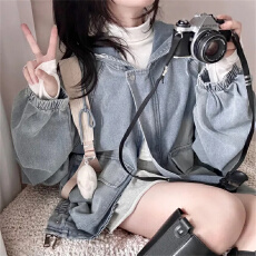 批发现 黑色/蓝色 宽松大口袋连帽<b class='q'>夹克</b><b class='q'>牛仔</b>外套