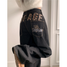 出货 豹纹贴字母深秋新款潮酷休闲深色系牛仔裤