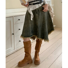 批发出货 水洗接拼不规则毛边牛仔半身裙