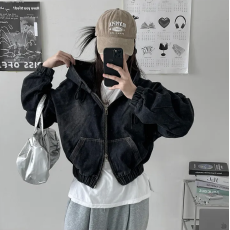 批发出货  短款 宽松双向拉链连帽牛仔 外套