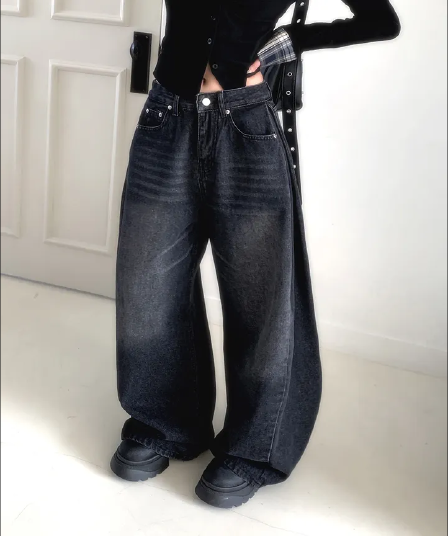 삼색 지금 양면 대 주름 루즈핏 넓은 다리 청바지