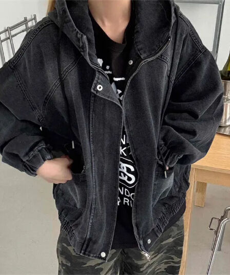 지금 세련된 레트로 재킷 후드 바람막이 데님 재킷