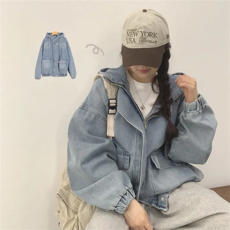 지금 후드 패치워크 지퍼 후드 데님 재킷