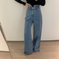 批发春新 不規則高腰兩粒扣闊腿牛仔褲