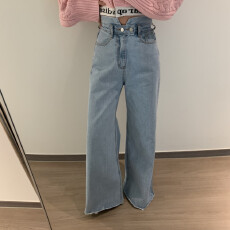 批发春新 不規則高腰兩粒扣闊腿牛仔褲