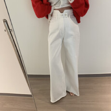 批发春新 不規則高腰兩粒扣闊腿牛仔褲