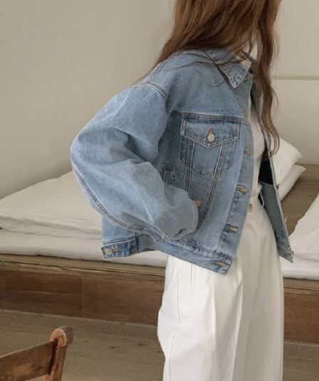 지금 레트로 워싱 폴로 칼라 루즈핏 데님 재킷