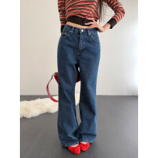 批发现  高腰拉链系扣<b class='q'>修身</b>直筒<b class='q'>牛仔裤</b>拖地长裤