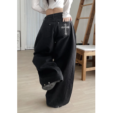 批发高腰口袋豹纹侧褶皱按扣阔腿<b class='q'>牛仔裤</b>