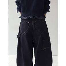 批发现 红色扣子工装爱心口袋宽松阔腿<b class='q'>牛仔裤</b>