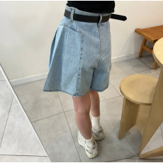 批发侧皱褶阔腿牛仔短裤