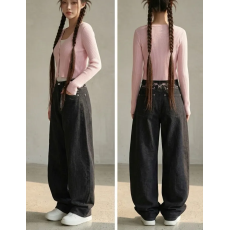 批发现 26春季高腰樱花刺绣生牛仔阔腿<b class='q'>牛仔裤</b>