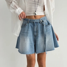 批发东大门百搭显瘦腰带阔腿牛仔短裤