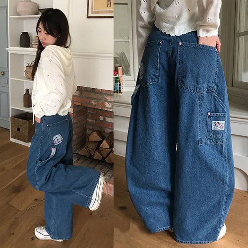 지금 페인팅 알파벳 자수 패치 어두운 색 워크웨어 루즈핏 넓은 다리 데님 긴 바지