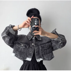 批发现 通勤休闲拼接单排扣2色牛仔外套