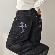 批发现 口袋工装风<b class='q'>钉珠</b>休闲阔腿拖地长裤女