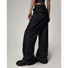 批发现 铆钉饰边高腰<b class='q'>牛仔裤</b>新款直筒裤