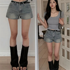 批发蓝色高腰牛仔<b class='q'>裤</b>短<b class='q'>裤</b>女夏季阔<b class='q'>腿</b>休闲宽松显瘦a字热<b class='q'>裤</b>子