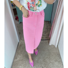 批发现 时髦粉色修身开叉牛仔半身裙