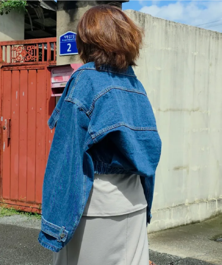 지금 레트로 폴로 칼라 부서 버클 다운 진자 허리 수축 쇼트 스타일 데님 재킷 재킷