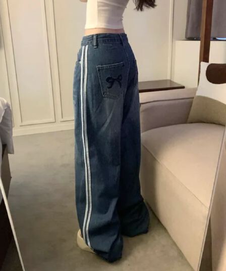 지금 6695# 허리 조정 과정 로프 와이드 결합 된 청바지 와이드 바지 리본 청바지