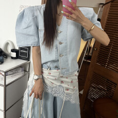 批发现 V领短款 短袖牛仔衬衫