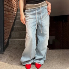 批发唇形<b class='q'>弹力</b>折叠层宽<b class='q'>牛仔裤</b>