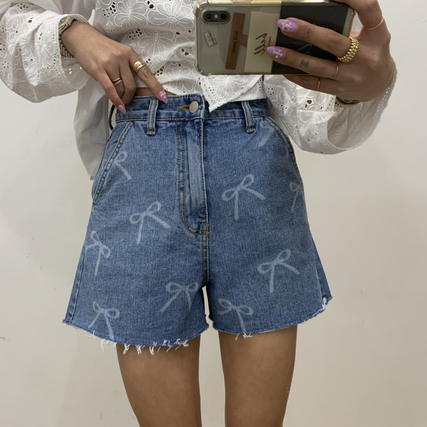 지금 아모이 하이웨이스트 워싱 프린트 나비 매듭 넓은 다리 데님 반바지