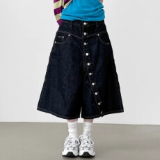 批发 不规则斜扣宽松七分裤牛仔短裤
